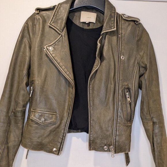 IRO Olive Green Lamb Leather Biker Moto Jacket - size Small - Picture 1 of 7